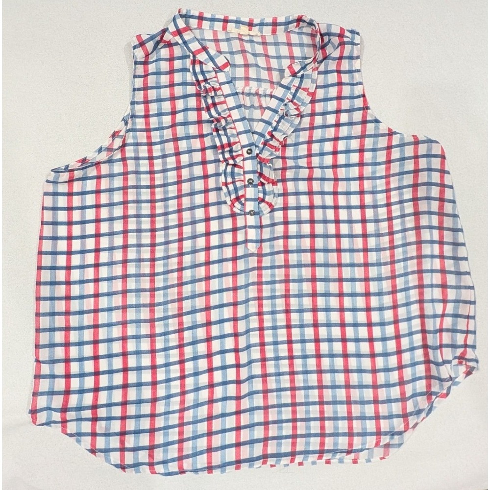 Fun2Fun Blouse Women 2XL Red Blue White Plaid Excellent Ruffle V-Neck Sleeveless